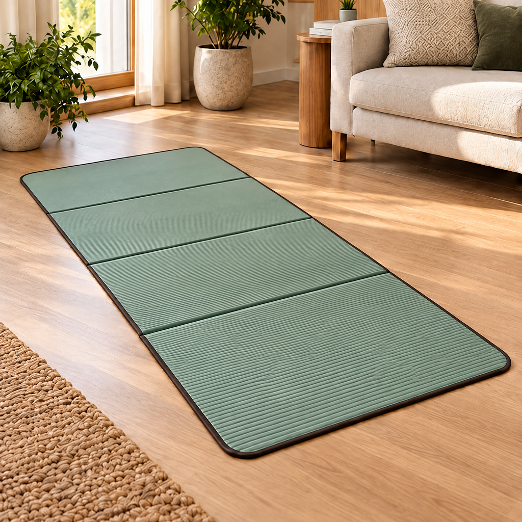 Grellina™ Sage Green Ribbed Folding Travel Mat — unfolded mat