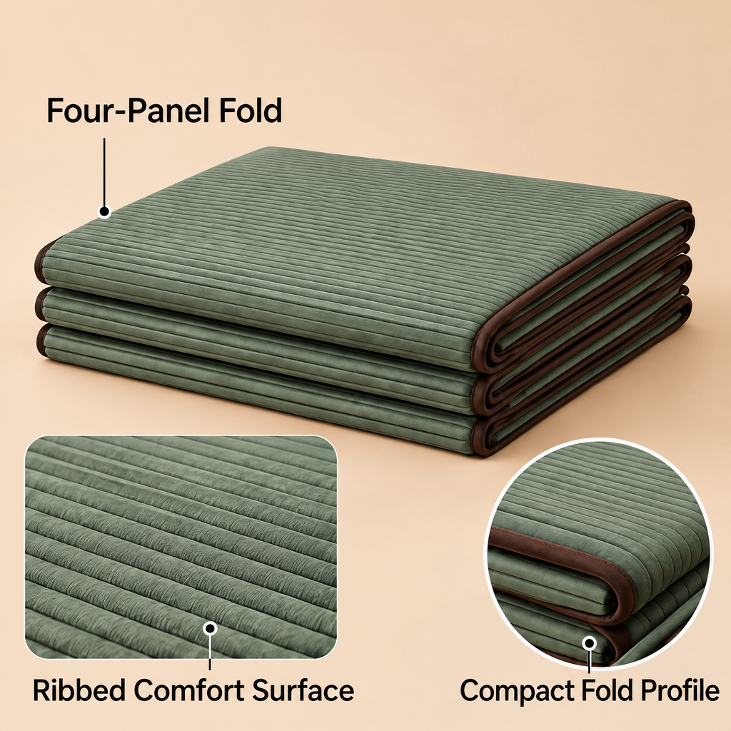 Grellina™ Sage Green Ribbed Folding Travel Mat — four-panel fold and surface texture