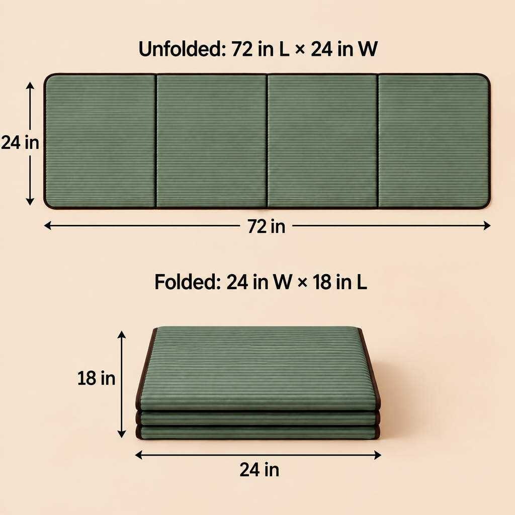 Grellina™ Sage Green Ribbed Folding Travel Mat — 72 × 24 inches open; 24 × 18 inches folded