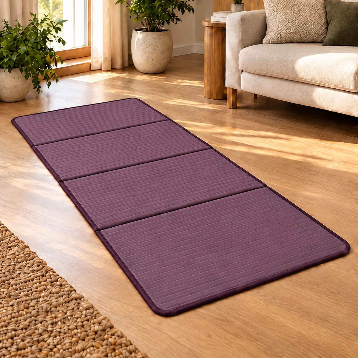 Grellina™ Plum Ribbed Folding Travel Mat — unfolded mat