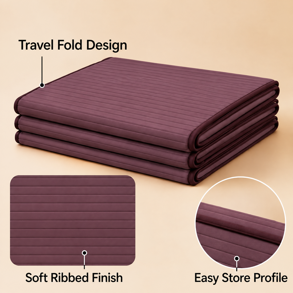 Grellina™ Plum Ribbed Folding Travel Mat — four-panel fold and surface texture