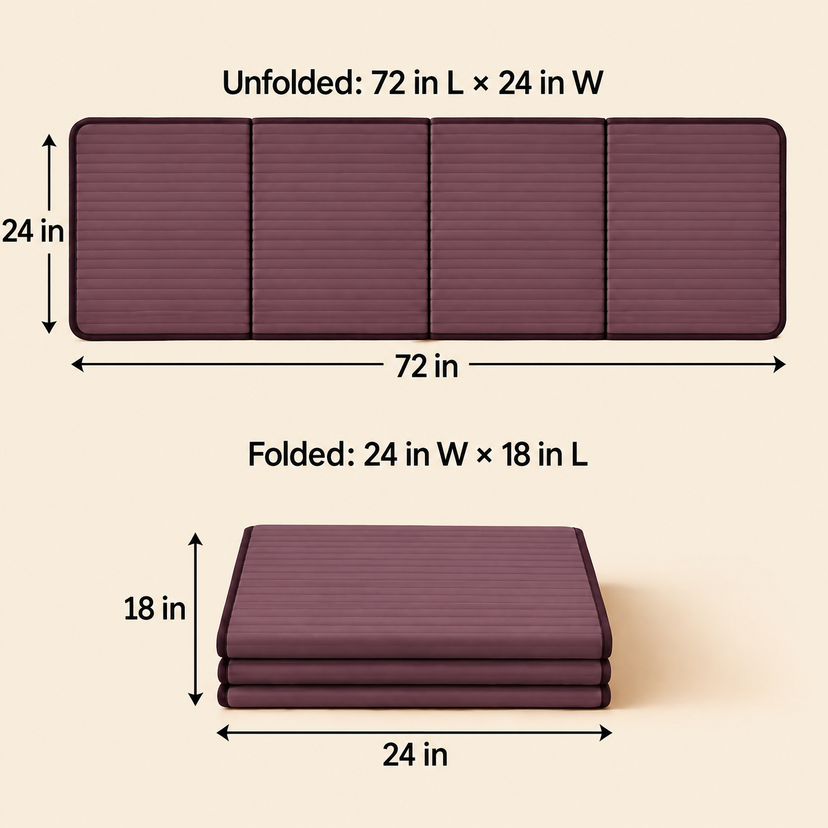 Grellina™ Plum Ribbed Folding Travel Mat — 72 × 24 inches open; 24 × 18 inches folded