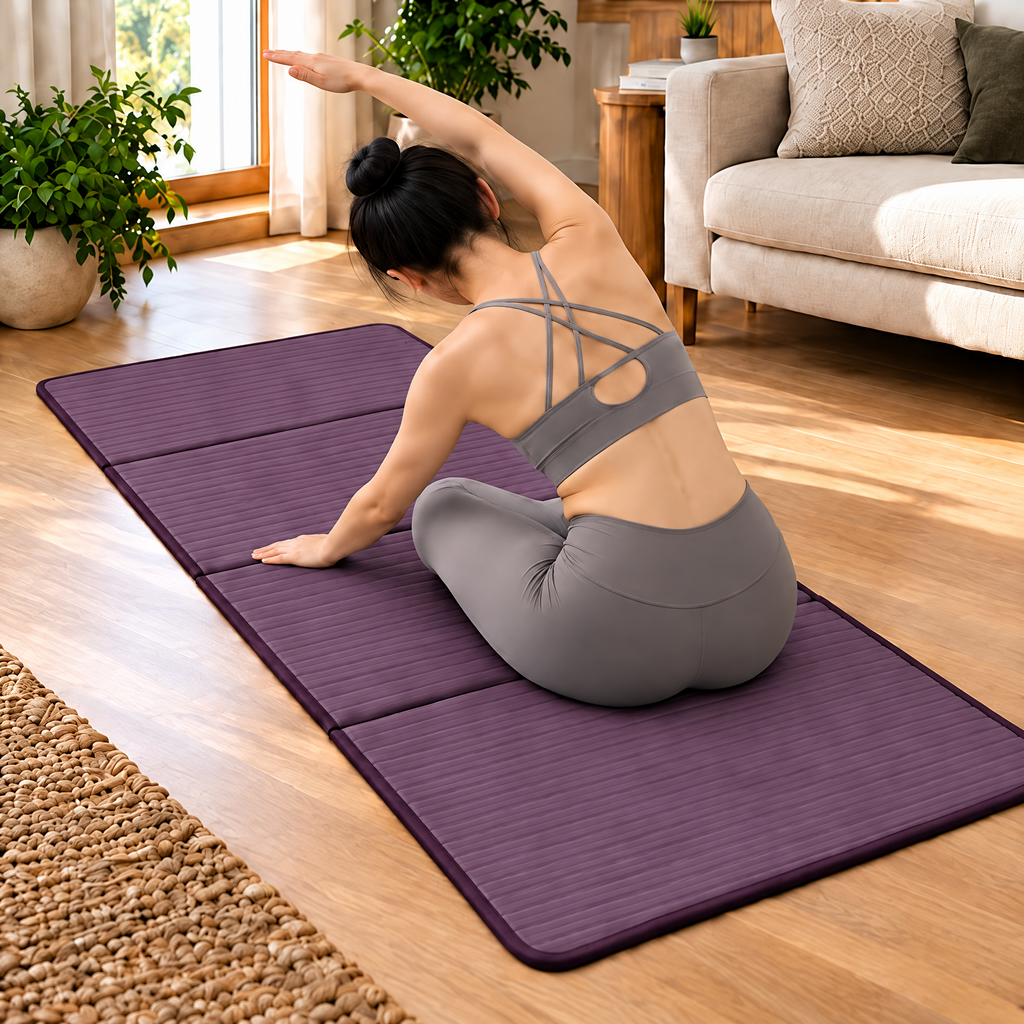 Grellina™ Plum Ribbed Folding Travel Mat — yoga practice