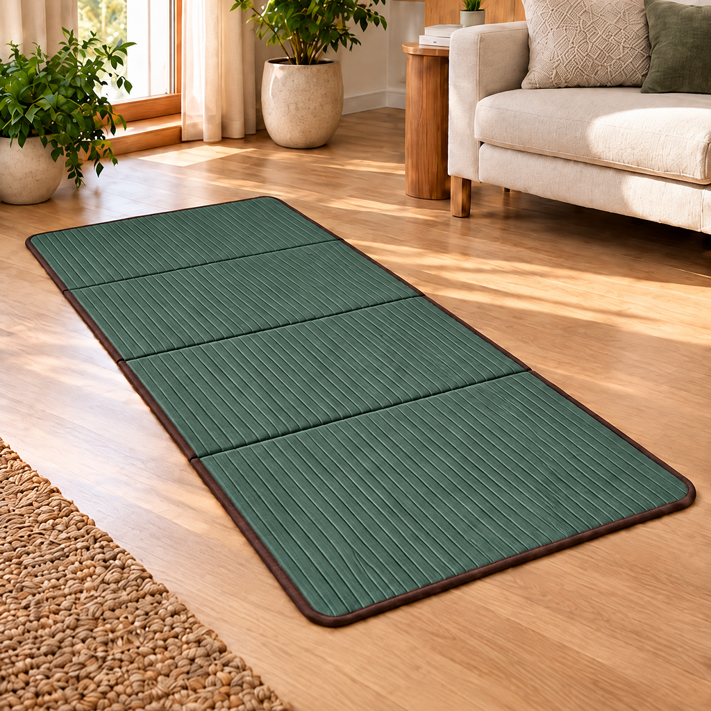 Grellina™ Forest Green Vertical Ribbed Folding Travel Mat — unfolded mat
