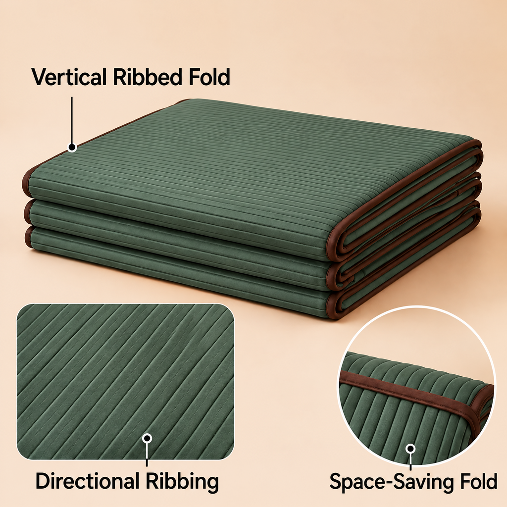 Grellina™ Forest Green Vertical Ribbed Folding Travel Mat — four-panel fold and surface texture