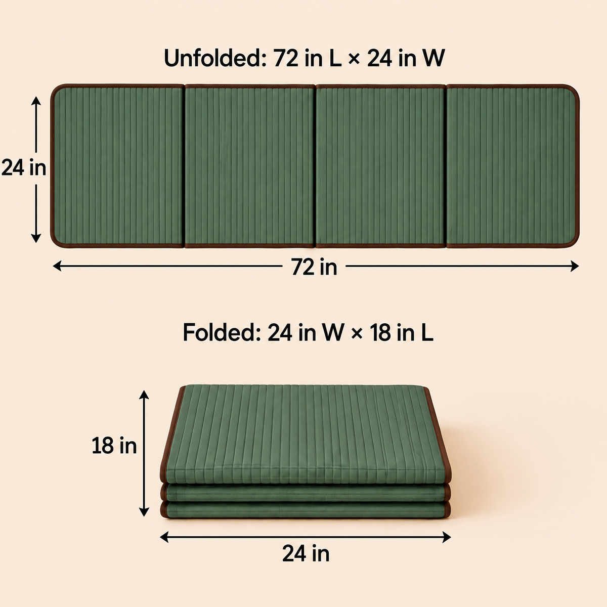 Grellina™ Forest Green Vertical Ribbed Folding Travel Mat — 72 × 24 inches open; 24 × 18 inches folded