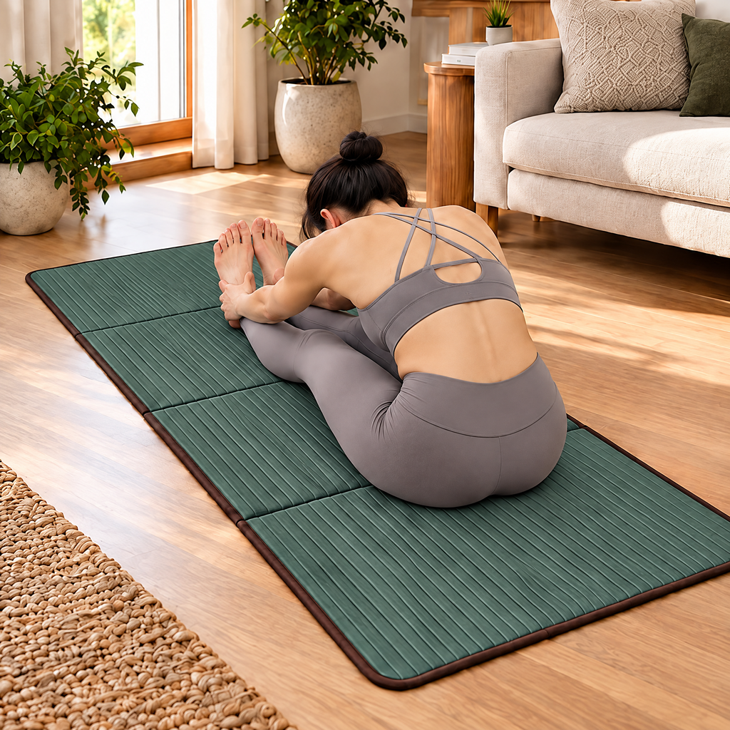 Grellina™ Forest Green Vertical Ribbed Folding Travel Mat — yoga practice
