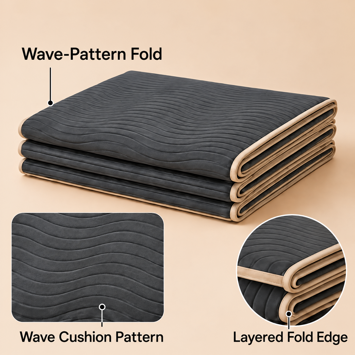 Grellina™ Charcoal Wave Folding Travel Mat — four-panel fold and surface texture