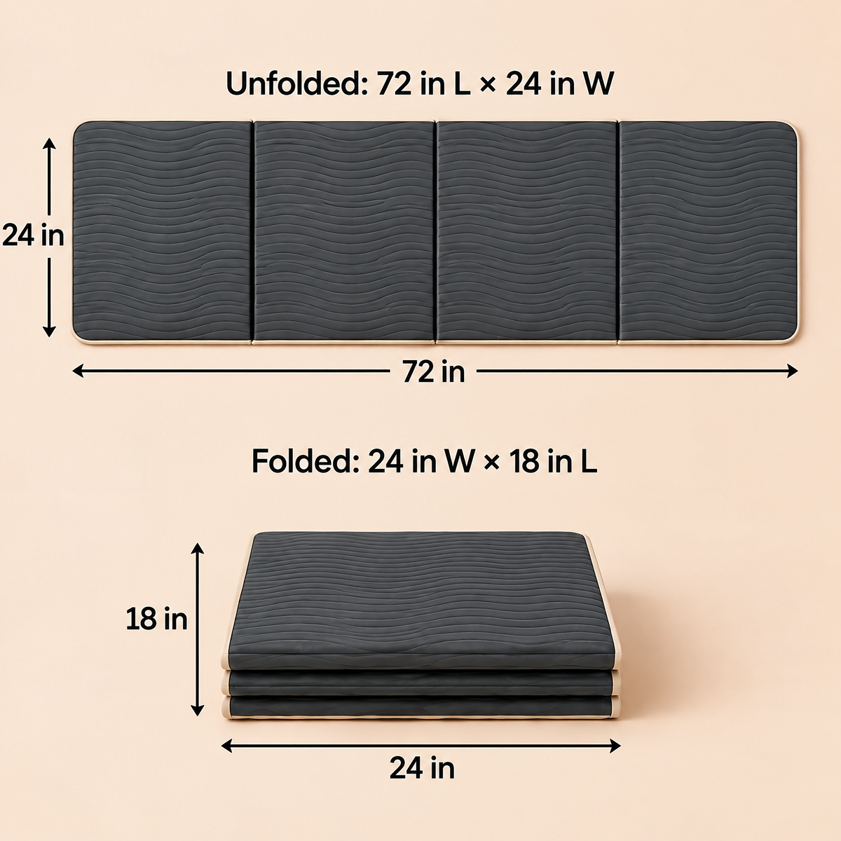 Grellina™ Charcoal Wave Folding Travel Mat — 72 × 24 inches open; 24 × 18 inches folded