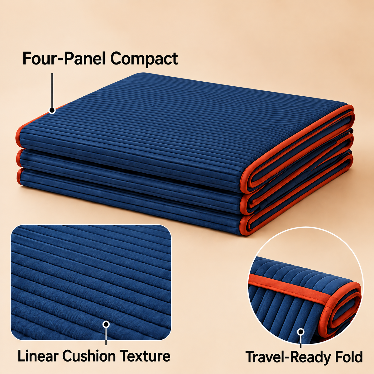Grellina™ Navy Contrast-Trim Folding Travel Mat — four-panel fold and surface texture