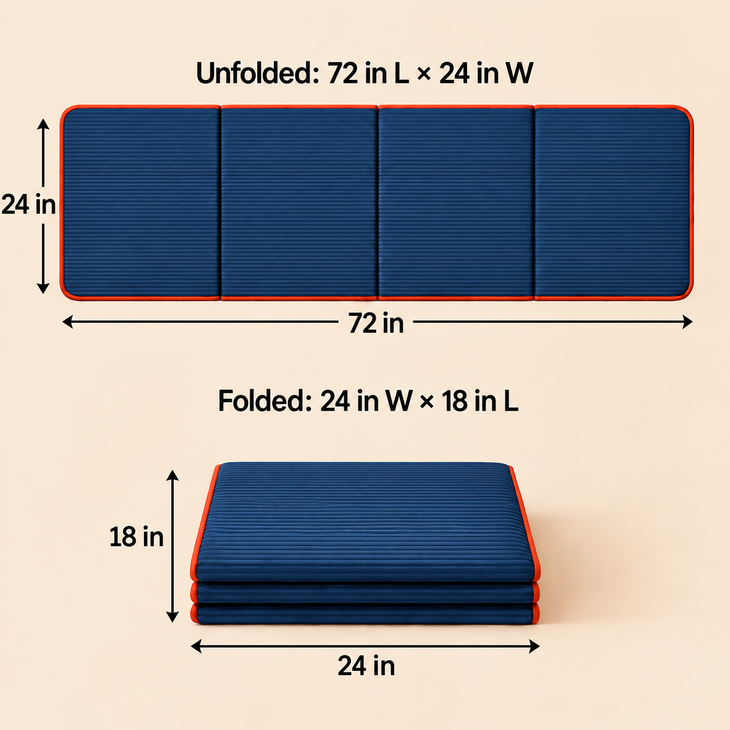 Grellina™ Navy Contrast-Trim Folding Travel Mat — 72 × 24 inches open; 24 × 18 inches folded