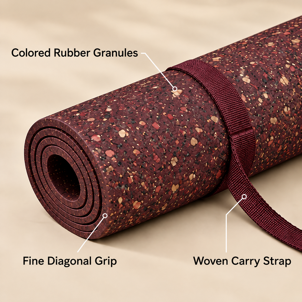 Grellina™ Burgundy Flecked Rubber Yoga Mat — surface and carry strap