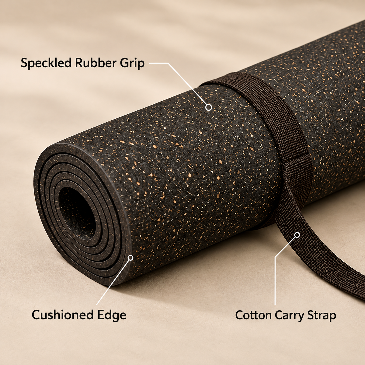 Grellina™ Charcoal Speckled Rubber Yoga Mat — surface and carry strap