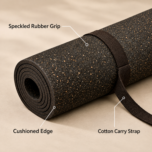 Grellina™ Charcoal Speckled Rubber Yoga Mat — surface and carry strap