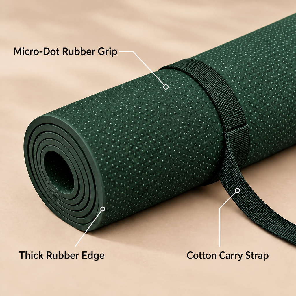 Grellina™ Forest Green Micro-Dot Rubber Yoga Mat — surface and carry strap