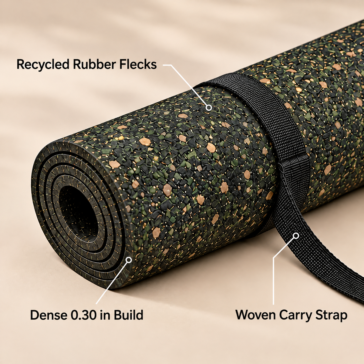 Grellina™ Charcoal Mixed-Fleck Rubber Yoga Mat — surface and carry strap