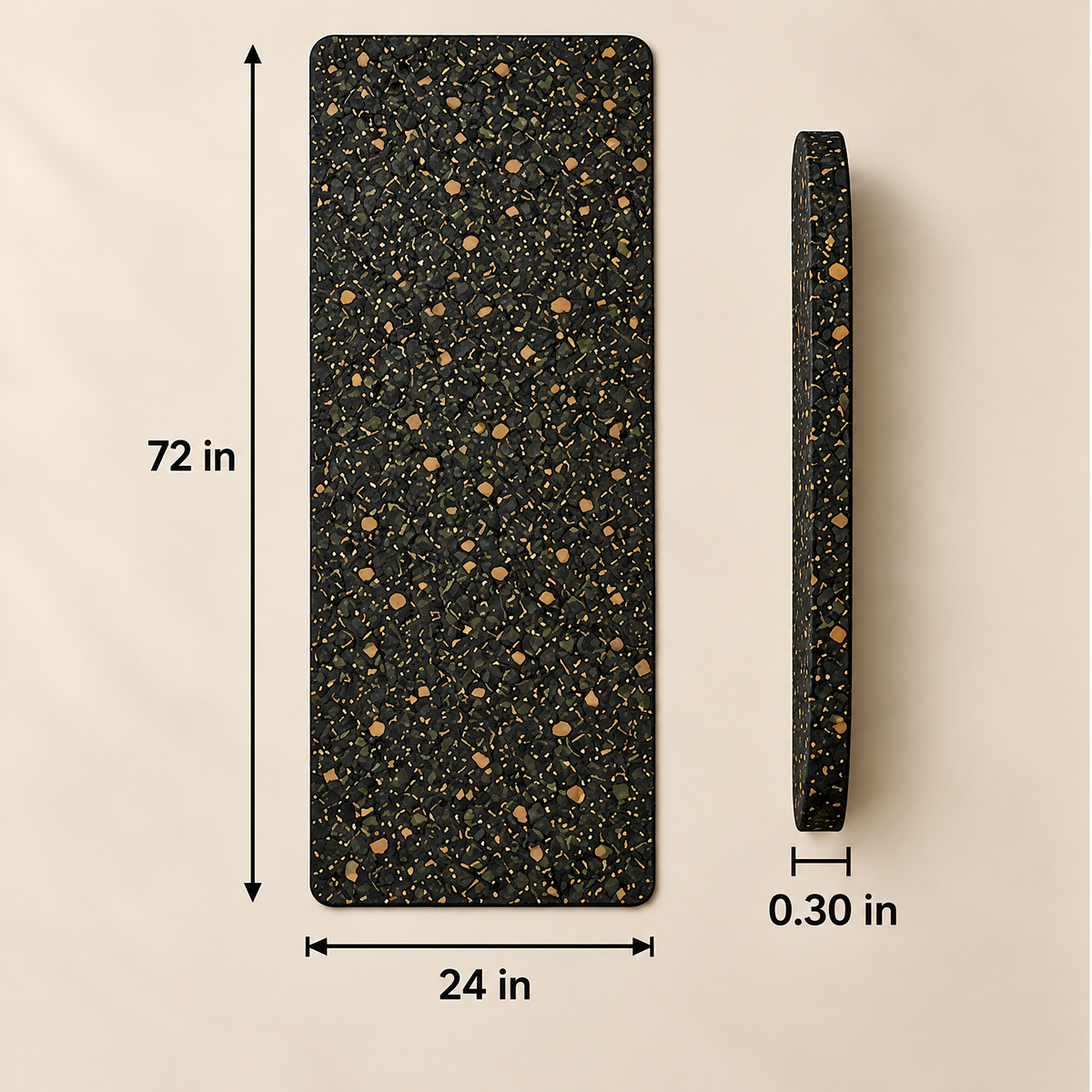 Grellina™ Charcoal Mixed-Fleck Rubber Yoga Mat — 72 in L × 24 in W × 0.30 in thick