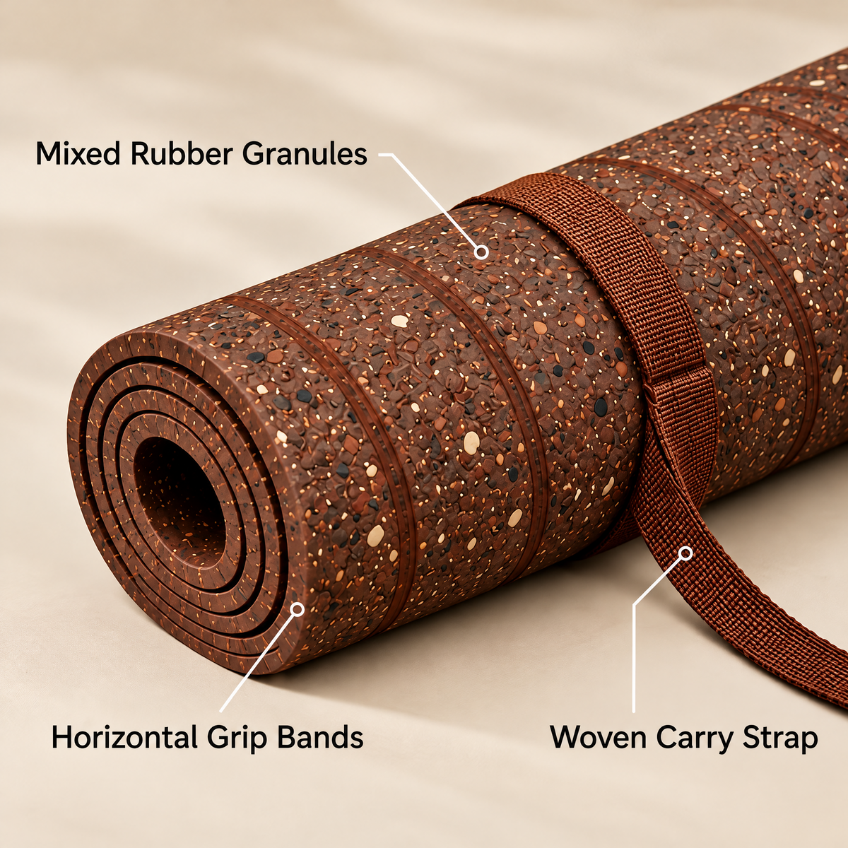 Grellina™ Terracotta Flecked Rubber Yoga Mat — surface and carry strap