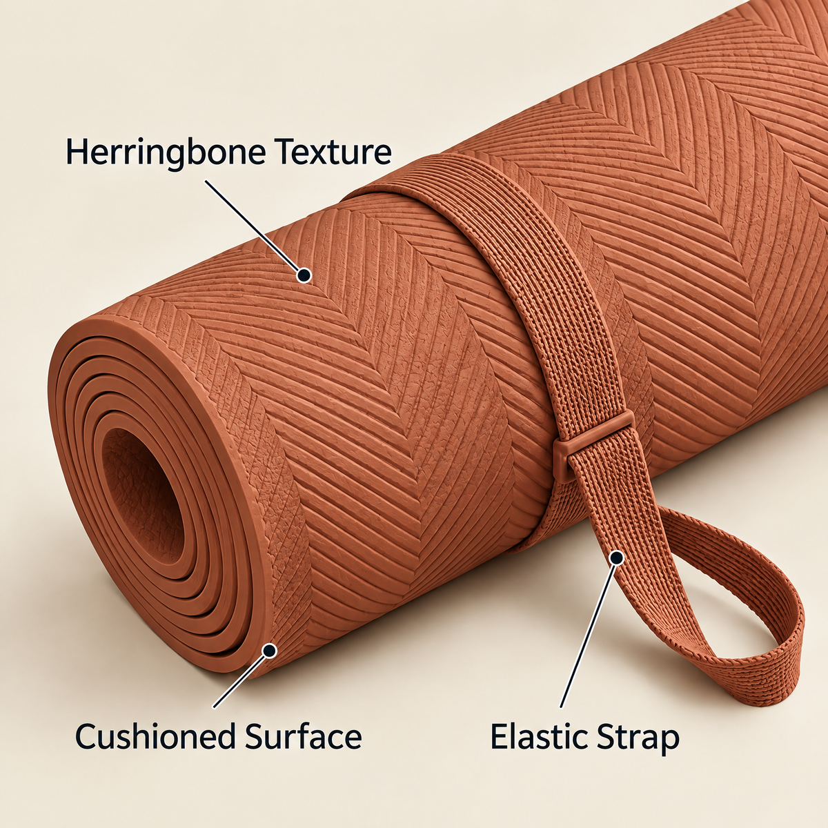 Grellina™ Terracotta Herringbone TPE Yoga Mat — surface texture and matching strap