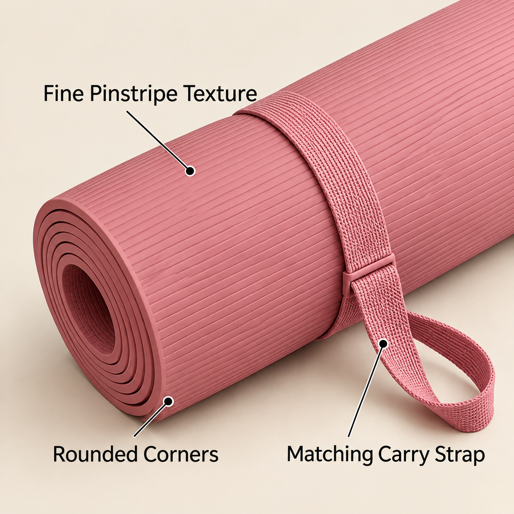 Grellina™ Rose Pink Pinstripe TPE Yoga Mat — surface texture and matching strap