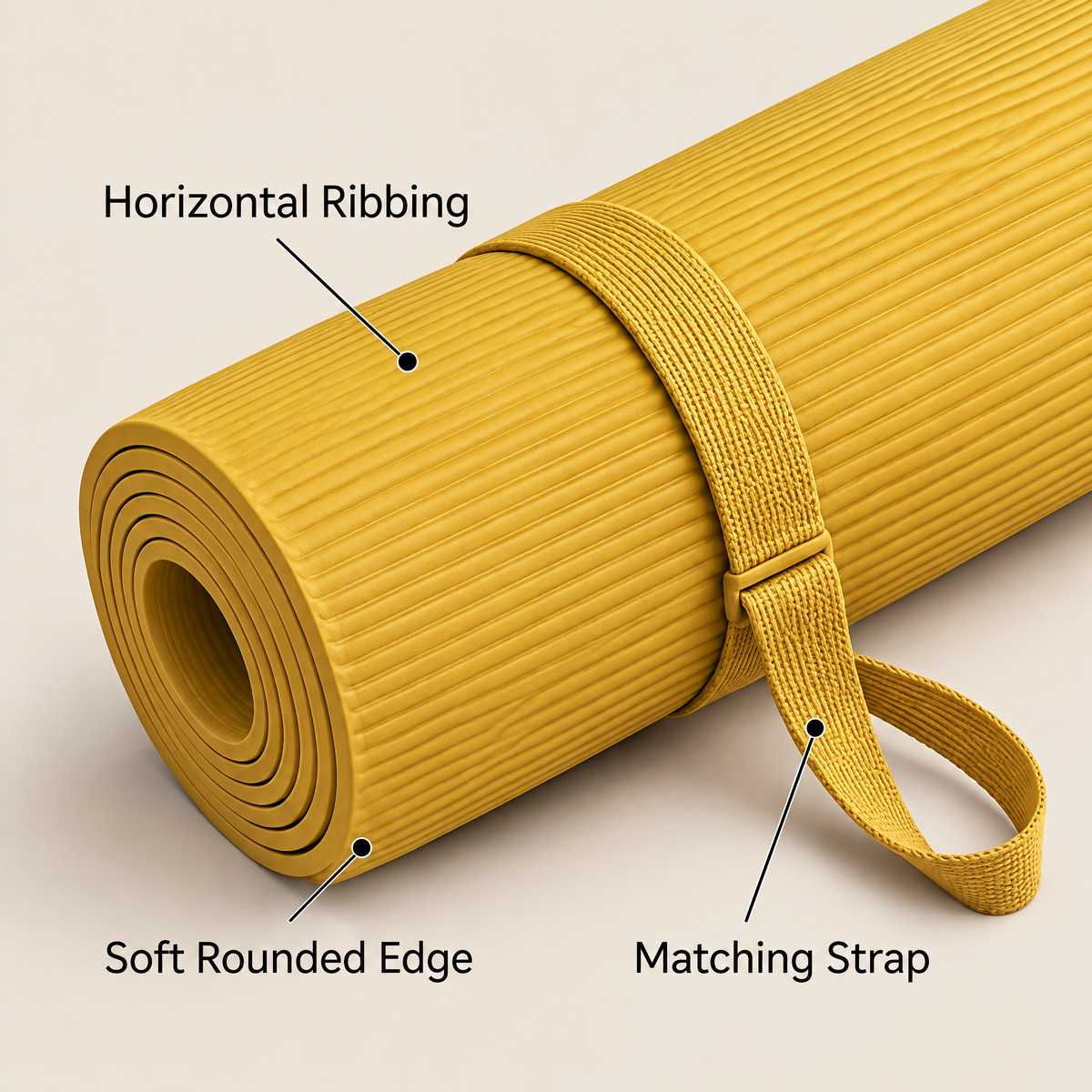 Grellina™ Mustard Yellow Ribbed TPE Yoga Mat — surface texture and matching strap
