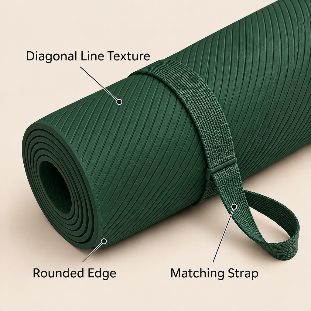 Grellina™ Forest Green Diagonal Texture TPE Yoga Mat — surface texture and matching strap